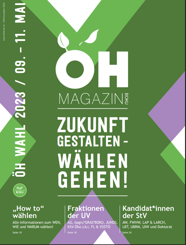 Deckblatt des ÖH Boku Magazins, ÖH Wahlausgabe, April 2023