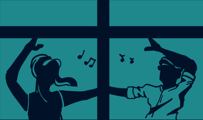 Illustration zum Boku Ball 2026 - tanzendes Paar in einem Fenster